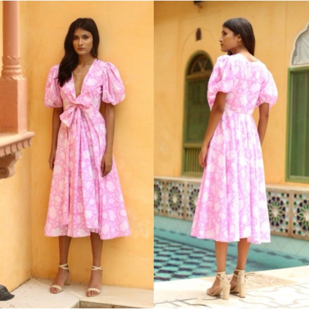 Monsoon And Beyond Lola Dress Preppy Bow Floral Wedding Midi Puff Pink Rohida S